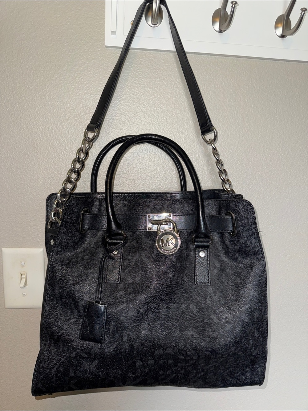 Michael Kors Black MK Logo Tote with Silver Chain Straps